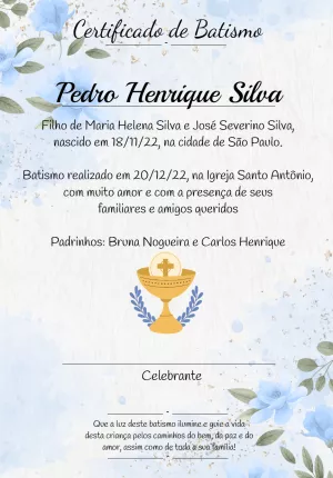 Certificado de Batismo com Flores Azuis para Editar Online