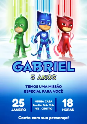 Convite de Aniversário PJ Masks com Heróis para Editar Online