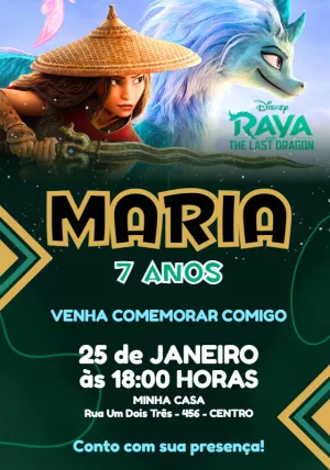 Convite Aniversário Raya e o Último Dragão para Editar