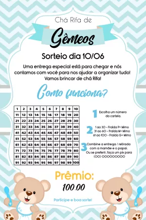 Rifa Chá de Bebê Gêmeos Ursinho Príncipe para Editar Online