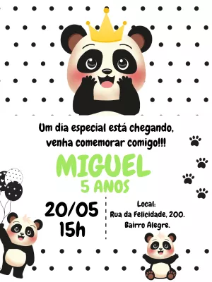 Convite de Aniversário Tema Panda Príncipe Editável Online