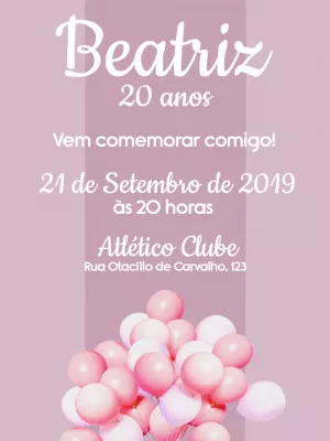 Convite de Aniversário Rosa com Balões para Editar Online