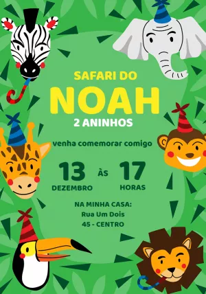 Convite Aniversário Safari com Animais Fofos para Editar Online