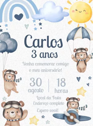 Convite Aniversário Ursinho Aviador para Editar Online