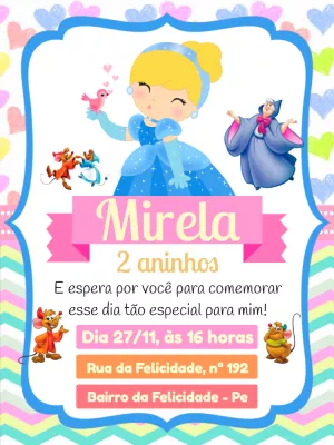 Convite Aniversário Cinderela com Personagens para Editar Online
