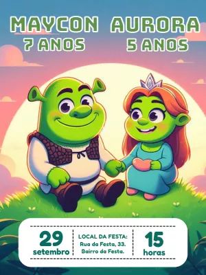 Convite Aniversário Duplo Shrek e Fiona para Editar Online