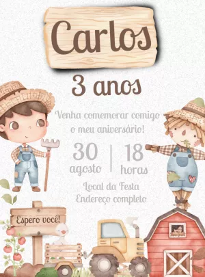 Convite Aniversário Fazendinha Menino para Editar Online