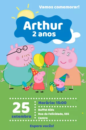 Convite de Aniversário Peppa Pig com a Família para Editar