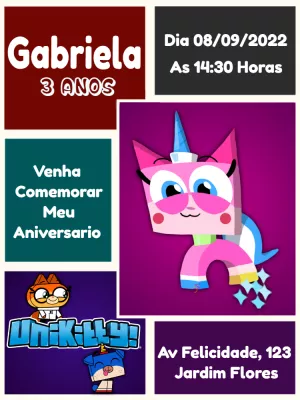 Convite de Aniversário Unikitty com Personagens para Editar Online