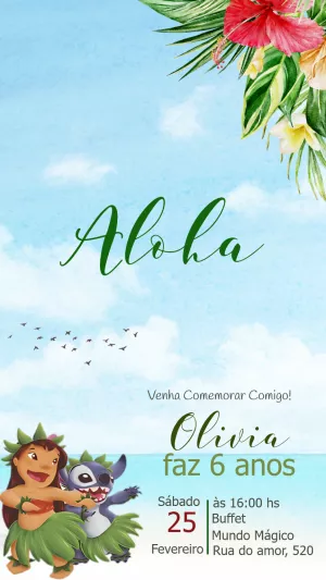 Convite Aniversário Lilo & Stitch Aloha para Editar Online