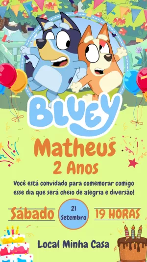 Convite de Aniversário Bluey e Bingo para Editar Online