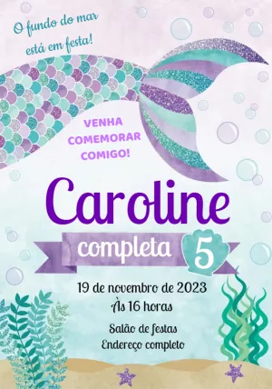Convite de Aniversário Sereia Fundo do Mar para Editar Online