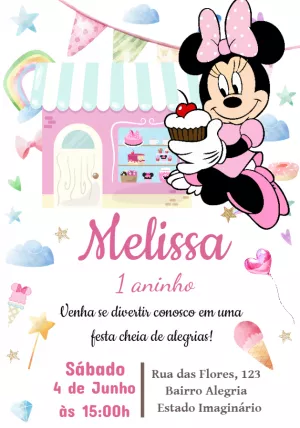 Convite Aniversário Minnie Confeiteira para Editar Online