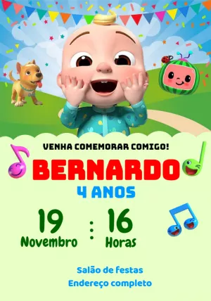 Convite de Aniversário Cocomelon para Editar e Imprimir