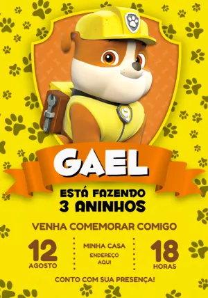 Convite Aniversário Rubble Patrulha Canina para Editar Online