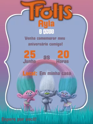 Convite de Aniversário Trolls com Personagens para Editar Online