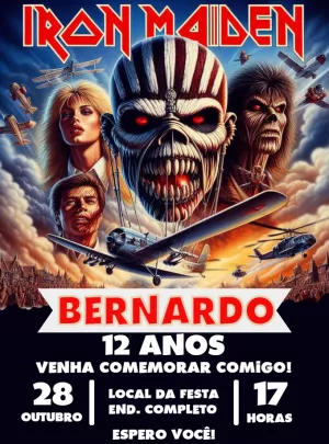 Convite de Aniversário Rock Iron Maiden para Editar Online