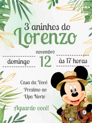 Convite Mickey Safari: Edite Online seu Convite de Aniversário