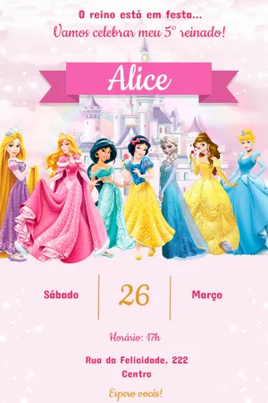 Convite Aniversário Princesas da Disney para Editar Online