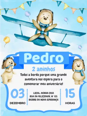 Convite Aniversário Ursinho Aviador para Editar Online