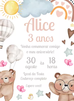 Convite Aniversário Ursinhos Fofos Aquarela para Editar