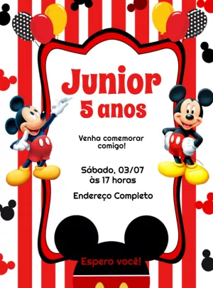 Convite de Aniversário Mickey Mouse Vermelho para Editar