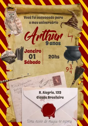 Convite Aniversário Harry Potter com Magia para Editar Online