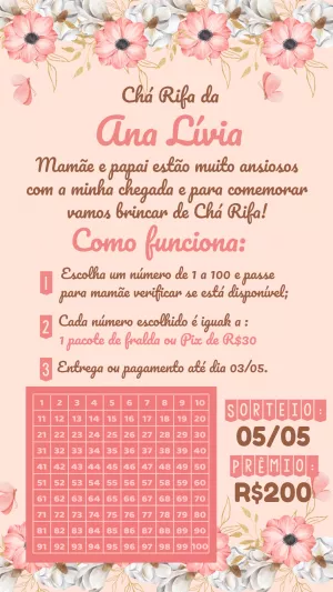 Convite Chá Rifa Floral Delicado para Editar Online