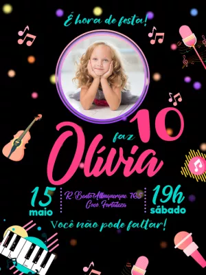 Convite Aniversário Musical com Foto para Editar Online