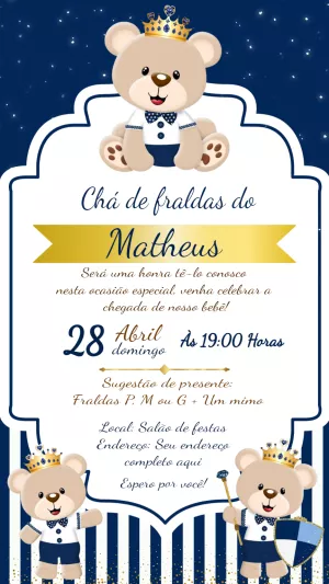 Convite Chá de Fraldas Ursinho Príncipe para Editar Online