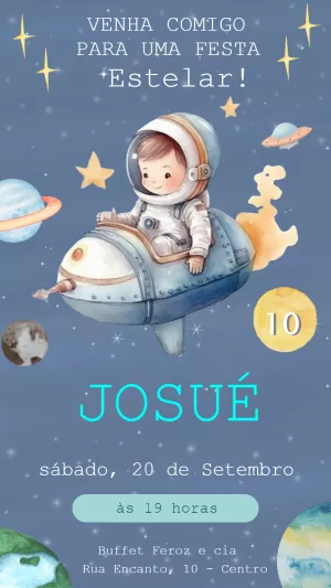 Convite de Aniversário Astronauta no Espaço para Editar Online