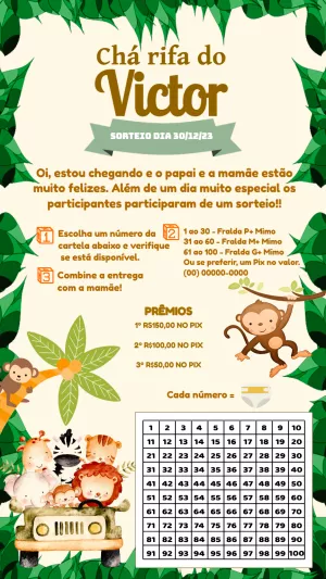 Convite Chá Rifa Safari com Animais para Editar Online