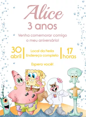 Convite Aniversário Bob Esponja Aquarela para Editar Online