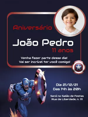 Convite Aniversário Capitão América com Foto para Editar Online