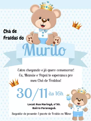 Convite Chá de Fraldas Ursinho Príncipe para Editar Online