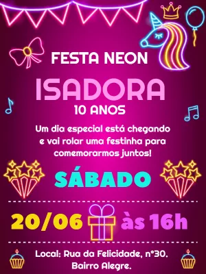 Convite de Aniversário Neon com Unicórnio para Editar Online