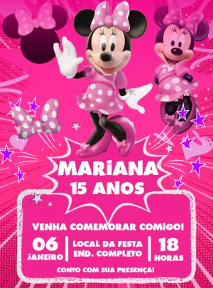 Convite de Aniversário Minnie Rosa para Editar Online