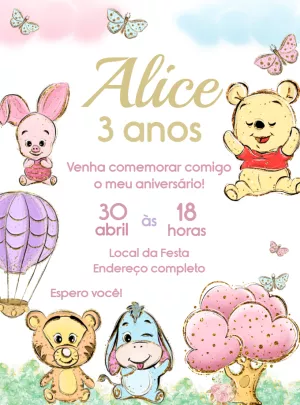 Convite de Aniversário Ursinho Pooh Aquarela para Editar