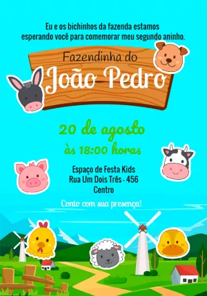 Convite de Aniversário Fazendinha com Animais para Editar Online