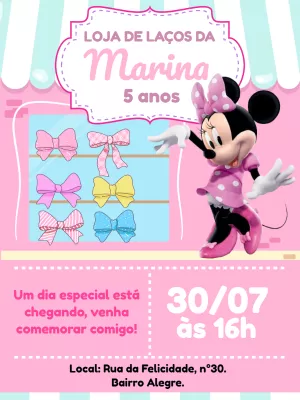 Convite Aniversário Minnie Loja de Laços para Editar Online