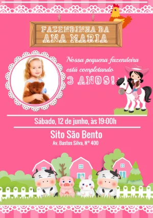 Convite Aniversário Fazendinha Rosa com Foto para Editar Online