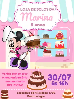 Convite Aniversário Minnie Confeiteira para Editar Online