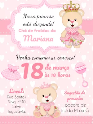 Convite Chá de Bebê Ursinha Princesa para Editar Online