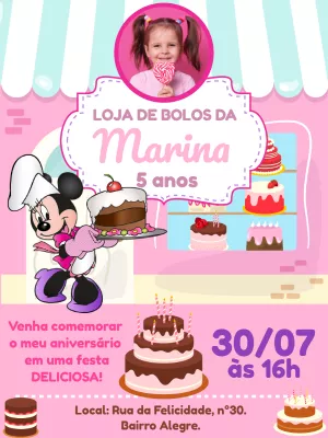 Convite Aniversário Minnie Confeiteira com Foto para Editar
