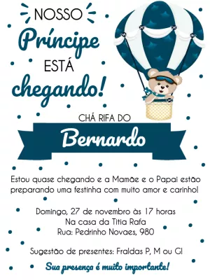 Convite Chá Rifa Ursinho Príncipe no Balão para Editar Online