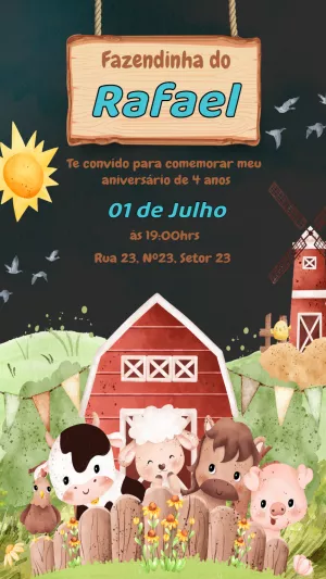 Convite Aniversário Fazendinha com Animais Fofos para Editar