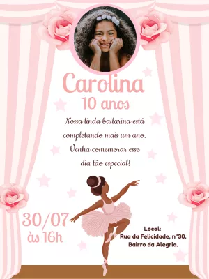 Convite Aniversário Bailarina Negra com Foto para Editar Online