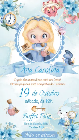 Convite Aniversário Alice no País das Maravilhas Aquarela para Editar
