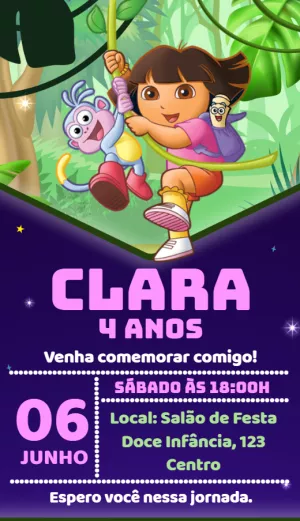 Convite Aniversário Dora Aventureira para Editar Online