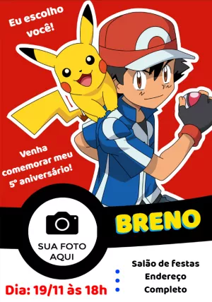 Convite de Aniversário Pokémon com Ash e Pikachu para Editar